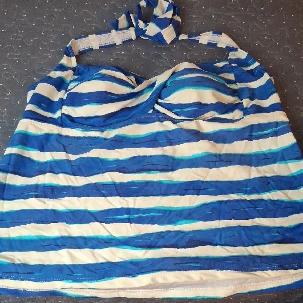 Catalina Striped Blue and White Halter Tankini Top size XL